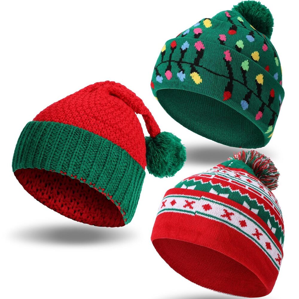 5589 3 Pcs 2024 Christmas Santa Elf Beanie Hat Winter Knitted Crochet Santa
